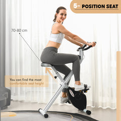 Folding & Quiet Exercise Bike with 8-Level Magnetic Resistance and Heart-Rate Sensor for Home Gym, Black and White