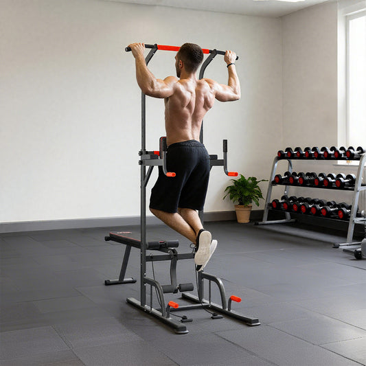 PURE Multifunction Power Tower Home Workout Dip Station w/ Sit-up Bench Push-up Bars and Tension Ropes Fitness Equipment Office Gym Training