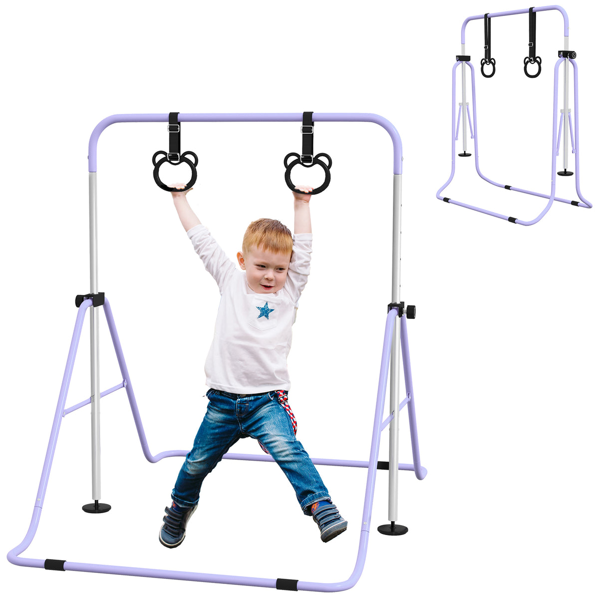 PURE Adjustable Height, Foldable Kids Gymnastics Bar w/ Non-slip Rubber Floor Rings, for 3+ Years, Purple