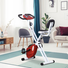 PURE Folding Exercise Bike, Fitness Bicycle Indoor Trainer, 8-Level Magnetic Resistance Adjustable, with LCD Monitor, Pulse Sensor, Red
