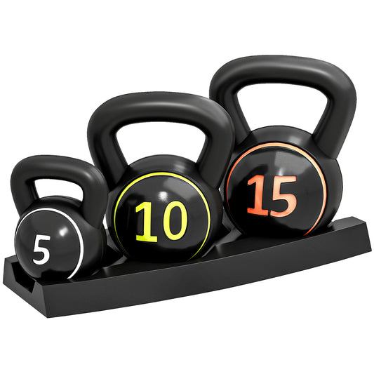 PURE Three-Piece Kettlebell Set, 5lbs, 10lbs, 15lbs with Storage Tray