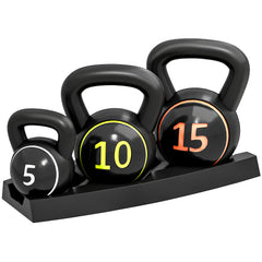 PURE Three-Piece Kettlebell Set, 5lbs, 10lbs, 15lbs with Storage Tray