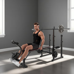PURE Weight Bench with Two Barbell Racks, Leg Curl Machine, Preacher Curl Bench, Black