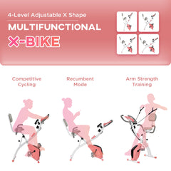 2-in-1 Upright Exercise Bike Stationary Foldable Magnetic Recumbent Cycling with Arm Resistance Bands Pink