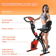 PURE 2-in-1 Folding Exercise Bike with 8-Level Magnetic Resistance, Arm Resistance Band, Pulse Sensor, Red