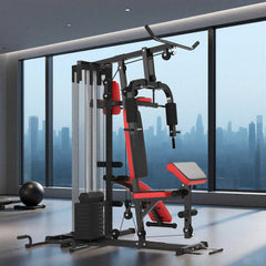 PURE Multi Gym Workout Station, Weight Machine with 65kg Weight Stack, Sit Up Bench, Push Up Stand, Dip Station