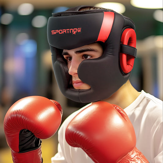 PURE Boxing Headguard w/ Adjustable Strap for Sparring, Kickboxing, MMA, Red/Black