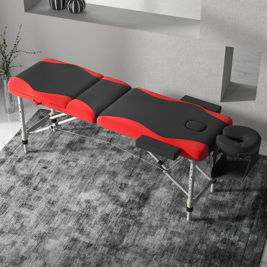 PURE Foldable Massage Bed Portable Table, 3-Section Aluminium Foldable Beauty Couch, Professional Salon Spa Table with Headrest Support and Carry Bag, 60 cm Width, Black and Red