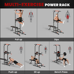 PURE Multifunction Power Tower Home Workout Dip Station w/ Sit-up Bench Push-up Bars and Tension Ropes Fitness Equipment Office Gym Training