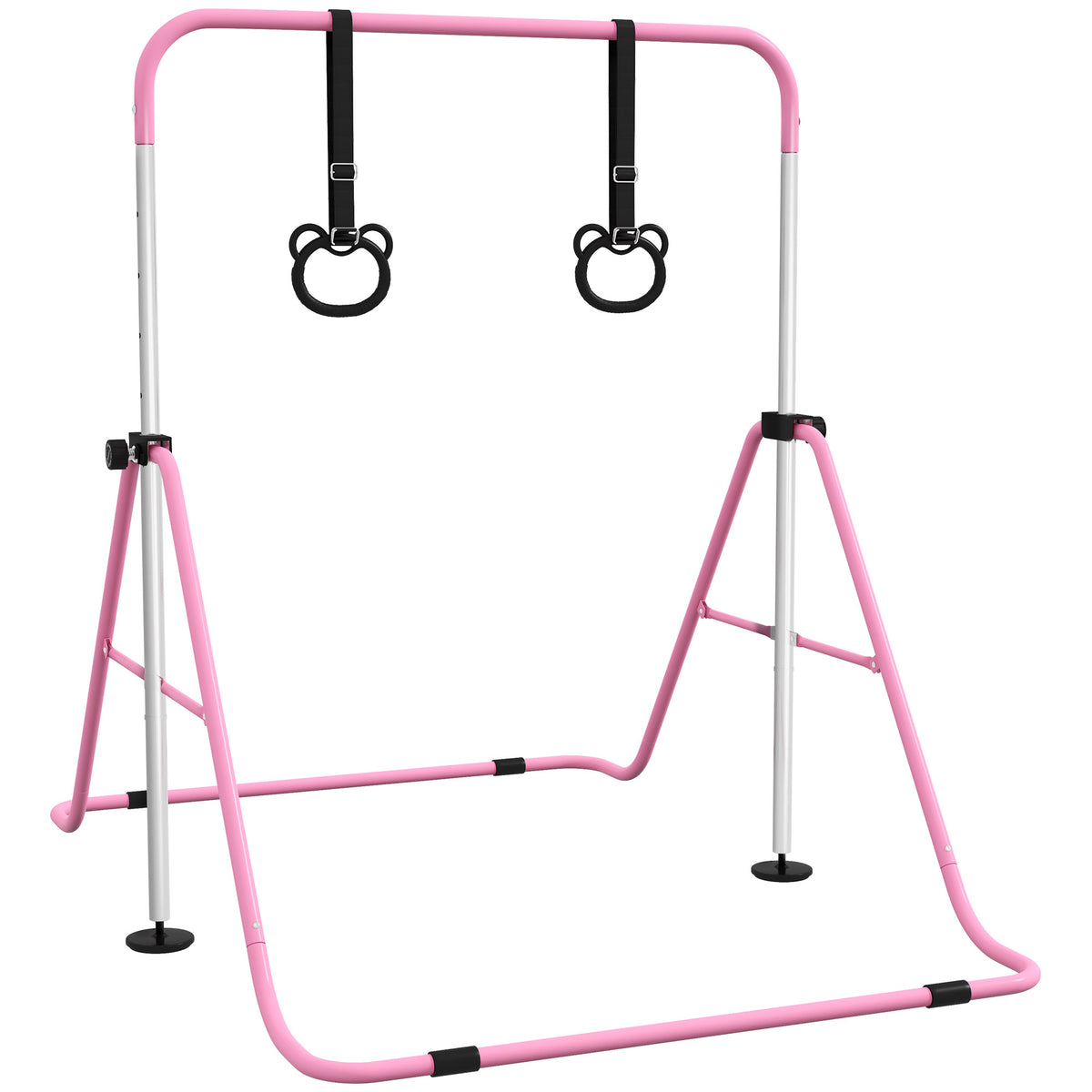 PURE Adjustable Height, Foldable Kids Gymnastics Bar w/ Non-slip Rubber Floor Rings, for 3+ Years, Pink