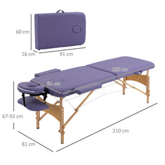 PURE Portable Massage Bed, Folding Spa Beauty Massage Table with 2 Sections, Carry Bag and Wooden Frame, Purple