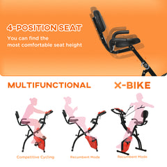 PURE 2-in-1 Folding Exercise Bike with 8-Level Magnetic Resistance, Arm Resistance Band, Pulse Sensor, Red