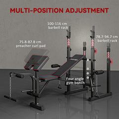 PURE Weight Bench with Two Barbell Racks, Leg Curl Machine, Preacher Curl Bench, Black
