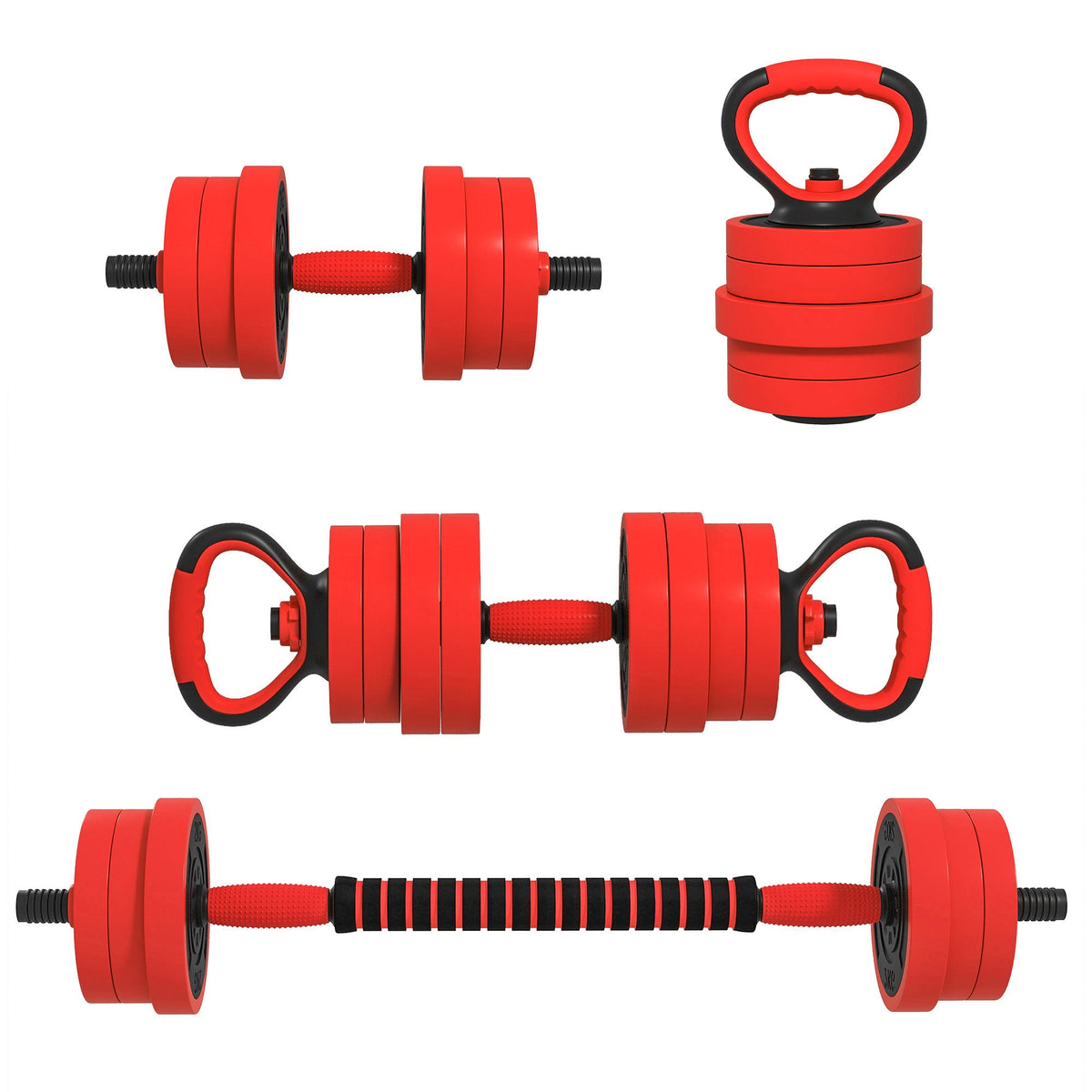 20kg Four-In-One Adjustable Weight Dumbbells Set, Barbell, Kettlebell, Push Up Stand - Red