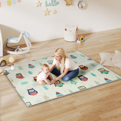 PURE Foldable Baby Plat Mat Double Sided, Kids Floor Mat for Crawling, 195.5L x 147.5W cm, Car track and Owl Theme