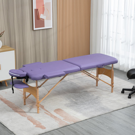 PURE Portable Massage Bed, Folding Spa Beauty Massage Table with 2 Sections, Carry Bag and Wooden Frame, Purple