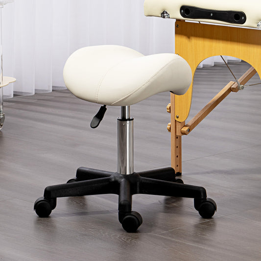 PURE Saddle Stool, PU Leather Adjustable Rolling Salon Chair with Steel Frame for Massage, Spa, Beauty and Tattoo, White