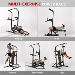 PURE Pull Up Station with Adjustable Weight Bench, Dip Station and Barbell Rack, Multi-Function Power Tower Free Standing Pull Up Bar for Home Gym