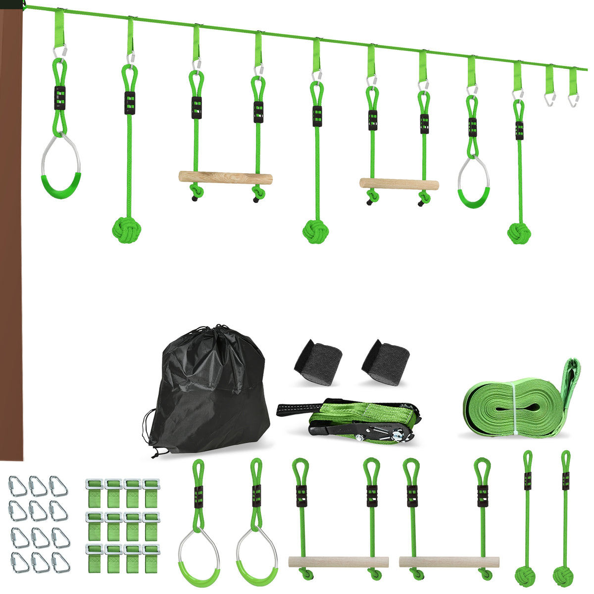 PURE 7-Piece Kids Zip Line Kit for Garden, 10m Kids Slackline Kit with Wooden Monkey Bars, Metal Rings, Gripping Balls, Green