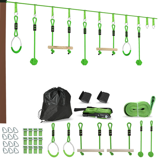 PURE 7-Piece Kids Zip Line Kit for Garden, 10m Kids Slackline Kit with Wooden Monkey Bars, Metal Rings, Gripping Balls, Green