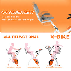 PURE 2-in-1 Folding Exercise Bike with 8-Level Magnetic Resistance, Arm Resistance Band, Pulse Sensor, Orange
