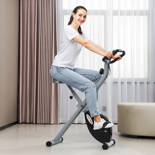 Folding & Quiet Exercise Bike with 8-Level Magnetic Resistance and Heart-Rate Sensor for Home Gym, Black and Grey