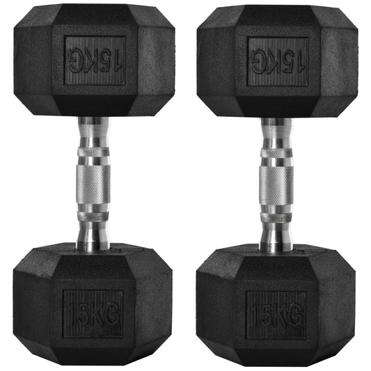 PURE 2x15kg Rubber Hex Dumbbell Portable Hand Weights Dumbbell Home Gym Workout Fitness Hand Dumbbell