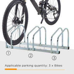 Bicycle Parking Stand for 3 Bikes, Floor or Wall Mount, Cycle Storage Locking Rack, Silver