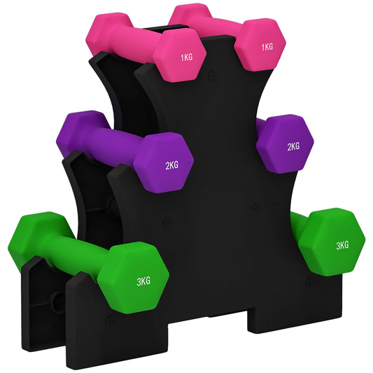 PURE 2 x 1kg, 2 x 2kg, 2 x 3kg Dumbbells Set with Dumbbell Rack, Hand Weights for Home Gym Training