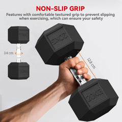 PURE 2x20KG Rubber Hex Dumbbell Portable Hand Weights Dumbbell Home Gym