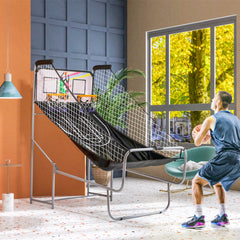 PURE Foldable Double-Hoop Basketball Arcade Game, with Eight Modes, Four Basketballs, Electronic Scoreboard, Sound Effects