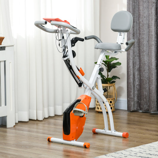 2-in-1 Upright Exercise Bike Stationary Foldable Magnetic Recumbent Cycling with Arm Resistance Bands Orange