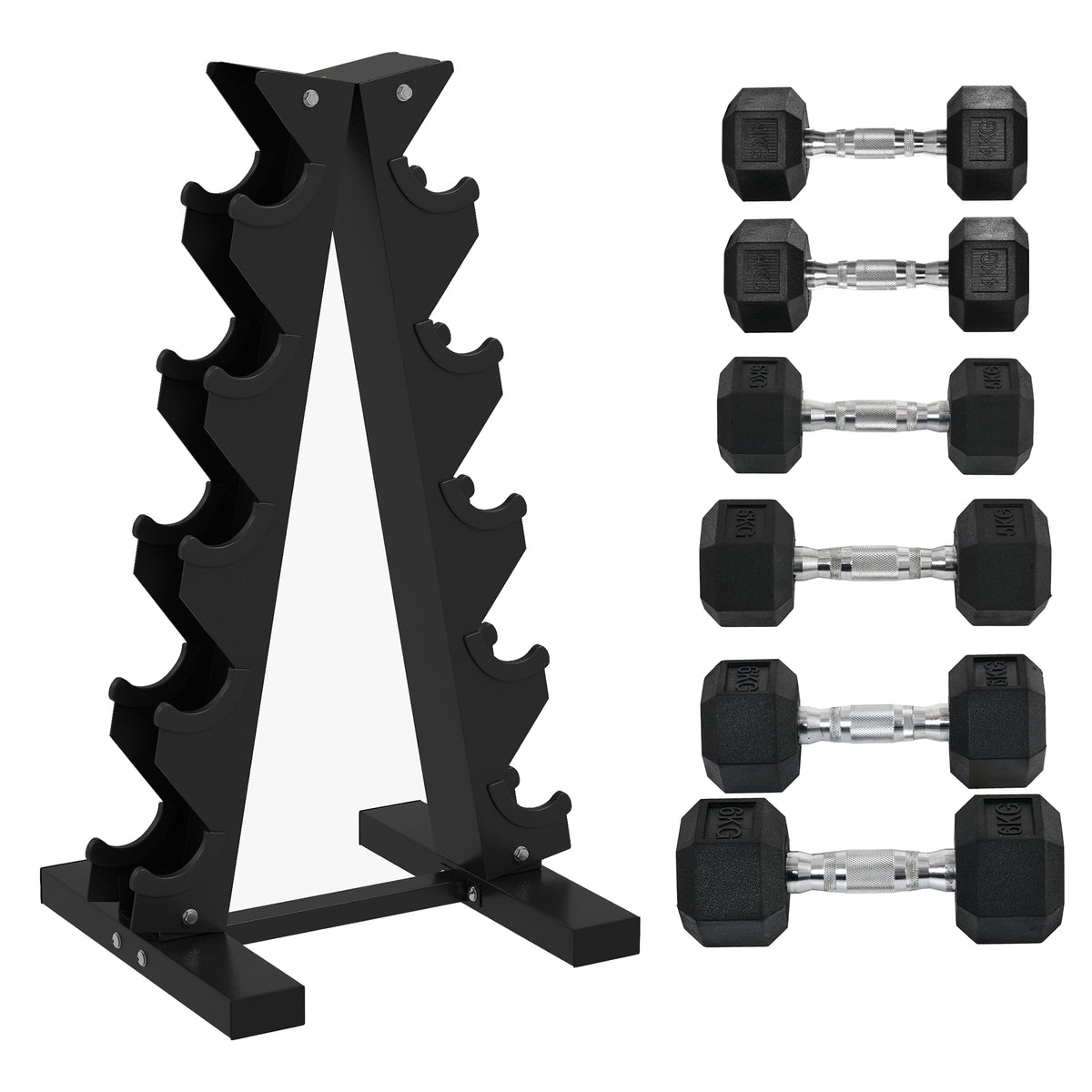 PURE 5-Tier Dumbbell Rack with 6 Hexagonal Rubber Dumbbells (2x4kg, 2x5kg, 2x6kg), Dumbbell Storage Stand Holder with Weights Sets for Home Gym Fitness, Black