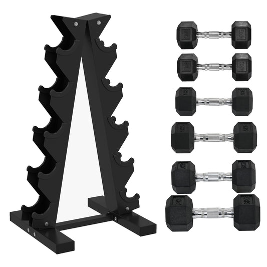 PURE 5-Tier Dumbbell Rack with 6 Hexagonal Rubber Dumbbells (2x4kg, 2x5kg, 2x6kg), Dumbbell Storage Stand Holder with Weights Sets for Home Gym Fitness, Black
