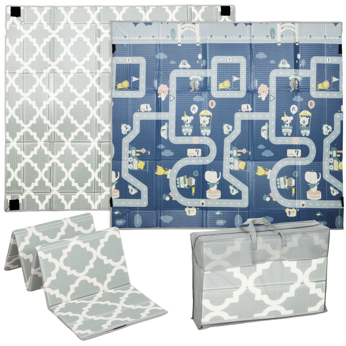 PURE Foldable Baby Play Mat, Baby Playpen, Reversible Foam Playmat, Floor Mats for Toddlers, Traffic and Grey Diamond Theme