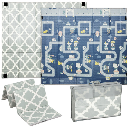 PURE Foldable Baby Play Mat, Baby Playpen, Reversible Foam Playmat, Floor Mats for Toddlers, Traffic and Grey Diamond Theme