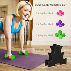 PURE 2 x 1kg, 2 x 2kg, 2 x 3kg Dumbbells Set with Dumbbell Rack, Hand Weights for Home Gym Training