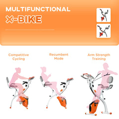 2-in-1 Upright Exercise Bike Stationary Foldable Magnetic Recumbent Cycling with Arm Resistance Bands Orange