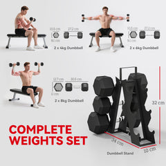 PURE Hex Dumbbell Set with Weights Storage Rack, Rubber Coated Dumbbells, Non-Slip Chrome Handles, Space-Saving for Home Gym Weight Lifting Strength Training, 2 x 2kg, 2 x 5kg, 2 x 8kg