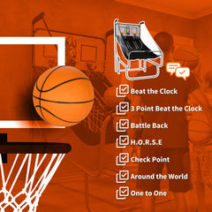 PURE Foldable Double-Hoop Basketball Arcade Game, with Eight Modes, Four Basketballs, Electronic Scoreboard, Sound Effects