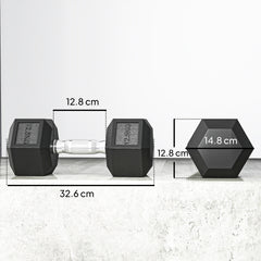 PURE 2x12.5KG Rubber Hex Dumbbell Portable Hand Weights Dumbbell Home Gym