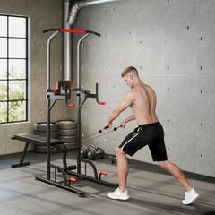PURE Multifunction Power Tower Home Workout Dip Station w/ Sit-up Bench Push-up Bars and Tension Ropes Fitness Equipment Office Gym Training