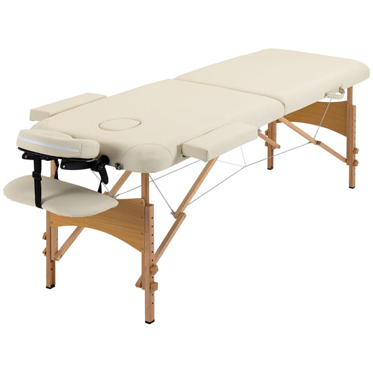 PURE Portable Massage Bed, Folding Spa Beauty Massage Table with 2 Sections, Carry Bag and Wooden Frame, Cream
