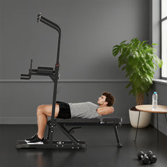 PURE Pull Up Station with Adjustable Weight Bench, Dip Station and Barbell Rack, Multi-Function Power Tower Free Standing Pull Up Bar for Home Gym