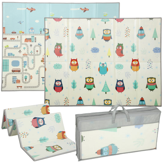 PURE Foldable Baby Plat Mat Double Sided, Kids Floor Mat for Crawling, 195.5L x 147.5W cm, Car track and Owl Theme