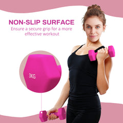 PURE 2 x 3kg Hexagonal Dumbbells Weights Set with Non-Slip Grip for Home Gym Workout, Pink