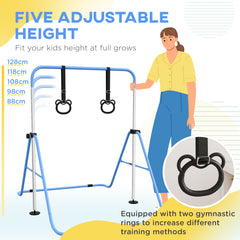 PURE Adjustable Height, Foldable Kids Gymnastics Bar w/ Non-slip Rubber Floor Rings, for 3+ Years, Blue