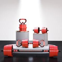 PURE 30kg Four-In-One Adjustable Weight Dumbbells Set, Barbell, Kettlebell, Push Up Stand - Red
