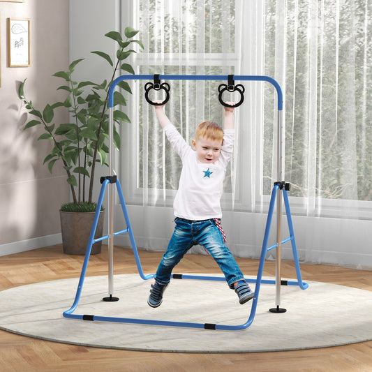 PURE Adjustable Height, Foldable Kids Gymnastics Bar w/ Non-slip Rubber Floor Rings, for 3+ Years, Blue