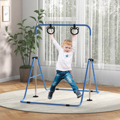 PURE Adjustable Height, Foldable Kids Gymnastics Bar w/ Non-slip Rubber Floor Rings, for 3+ Years, Blue
